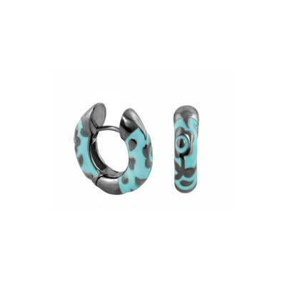 Contrast Flower Huggie earrings pair turquoise enamel with gray spots, silver hoops on Tampa Home & Garden Store