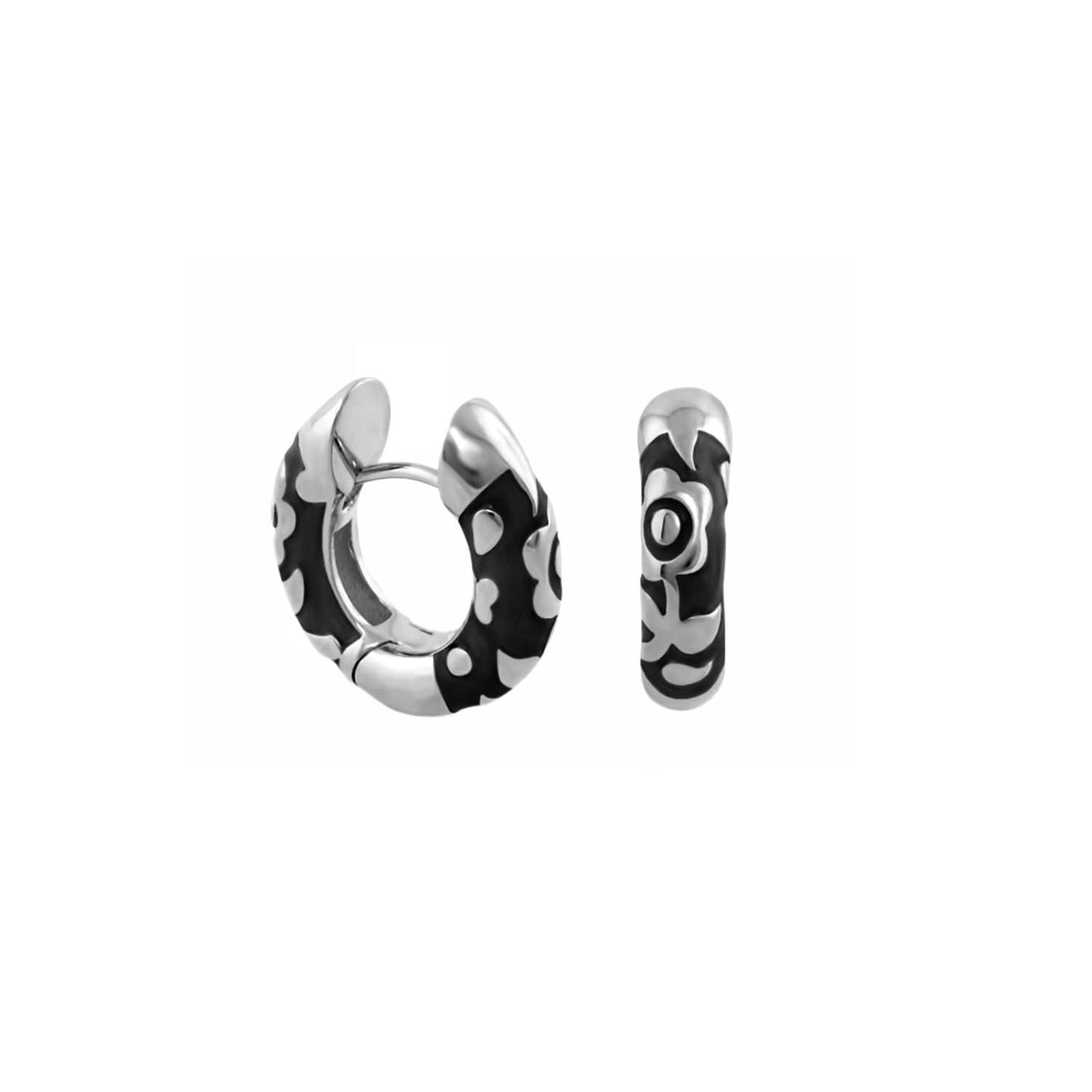 Flowers by Orly Contrast Huggie earrings, black enamel with white florals, pair on Tampa Home & Garden Store