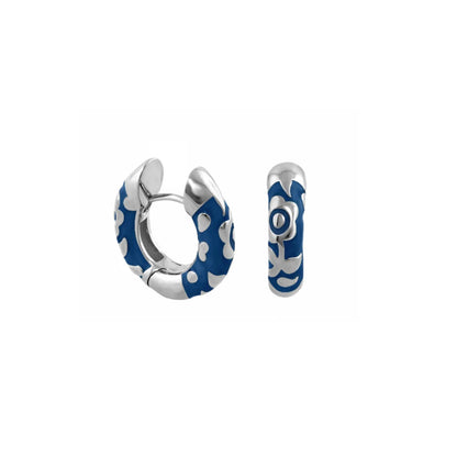 Orly Flowers Contrast Flower Huggie earrings pair blue enamel with white floral, silver hoops on Tampa Home & Garden Store