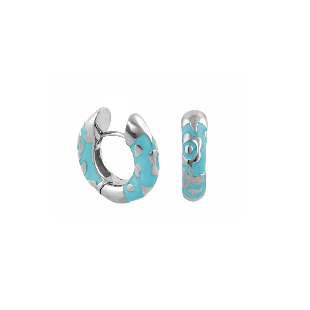 Flowers by Orly Contrast Flower Huggie earrings turquoise enamel with silver floral motif, 2 pcs on Tampa Home & Garden Store