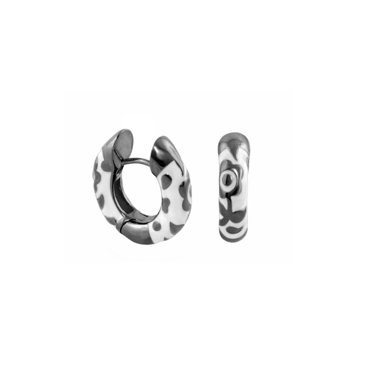 Flowers by Orly Earrings — Contrast Flower Huggie pair, silver-tone with black and white pattern on Tampa Home & Garden Store