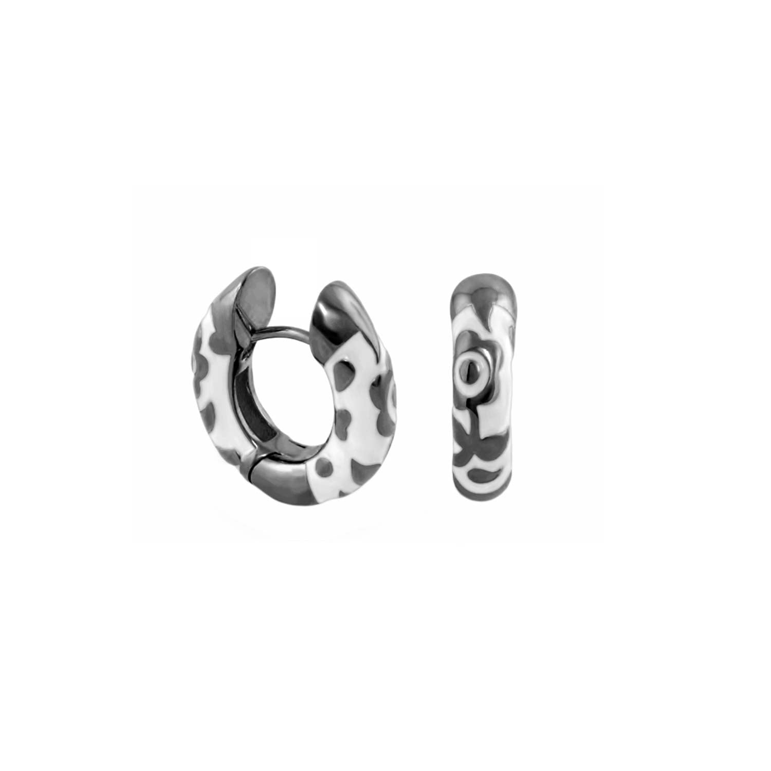 Flowers by Orly Earrings — Contrast Flower Huggie pair, silver-tone with black and white pattern on Tampa Home & Garden Store