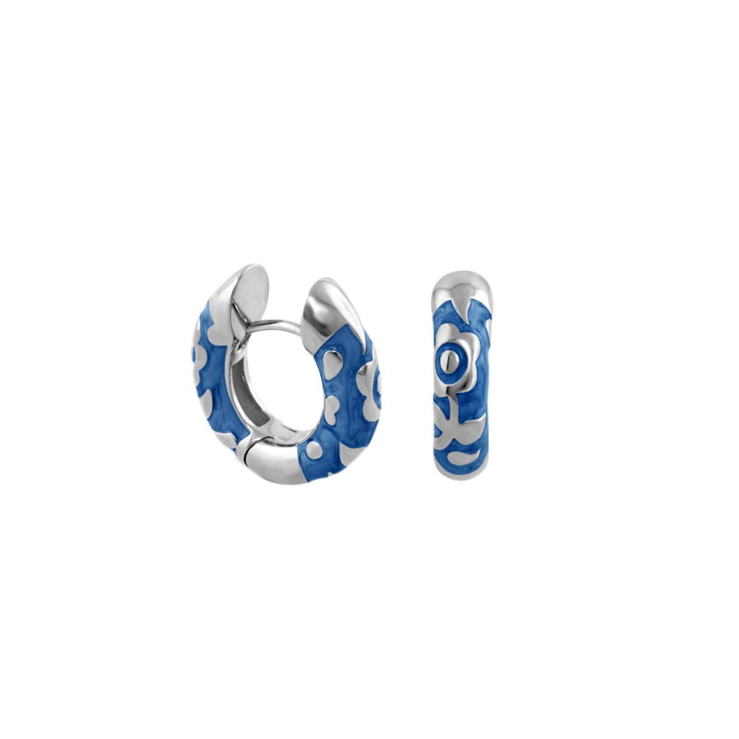 Flowers by Orly Contrast Flower Huggie earrings, blue enamel floral pattern on silver hoops on Tampa Home & Garden Store