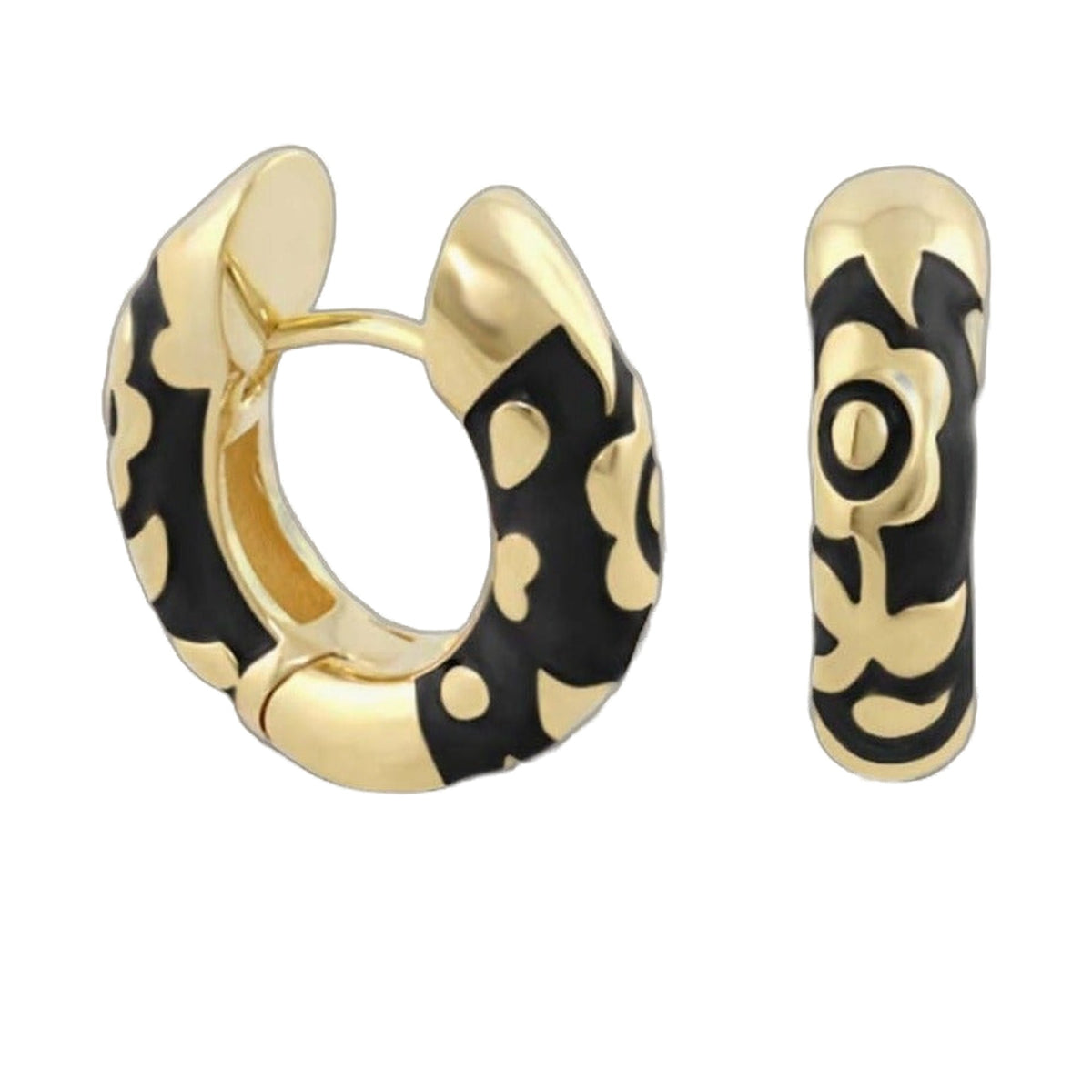 Flowers by Orly Contrast Flower Huggie earrings in gold and black leopard print on Tampa Home & Garden Store