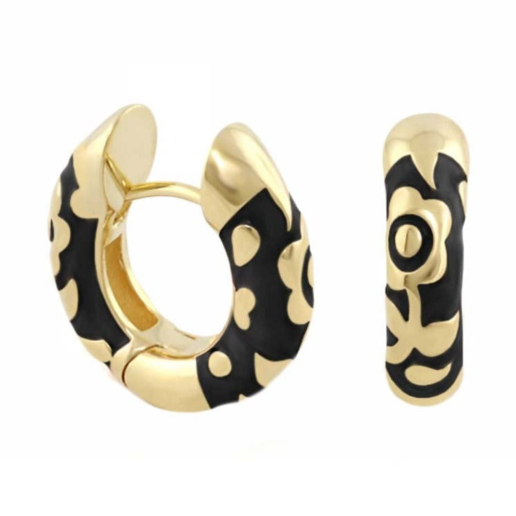 Flowers by Orly contrast flower huggie earrings, goldtone hoops with black enamel floral pattern on Tampa Home & Garden Store
