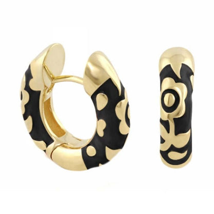 Flowers by Orly contrast flower huggie earrings, goldtone hoops with black enamel floral pattern on Tampa Home & Garden Store