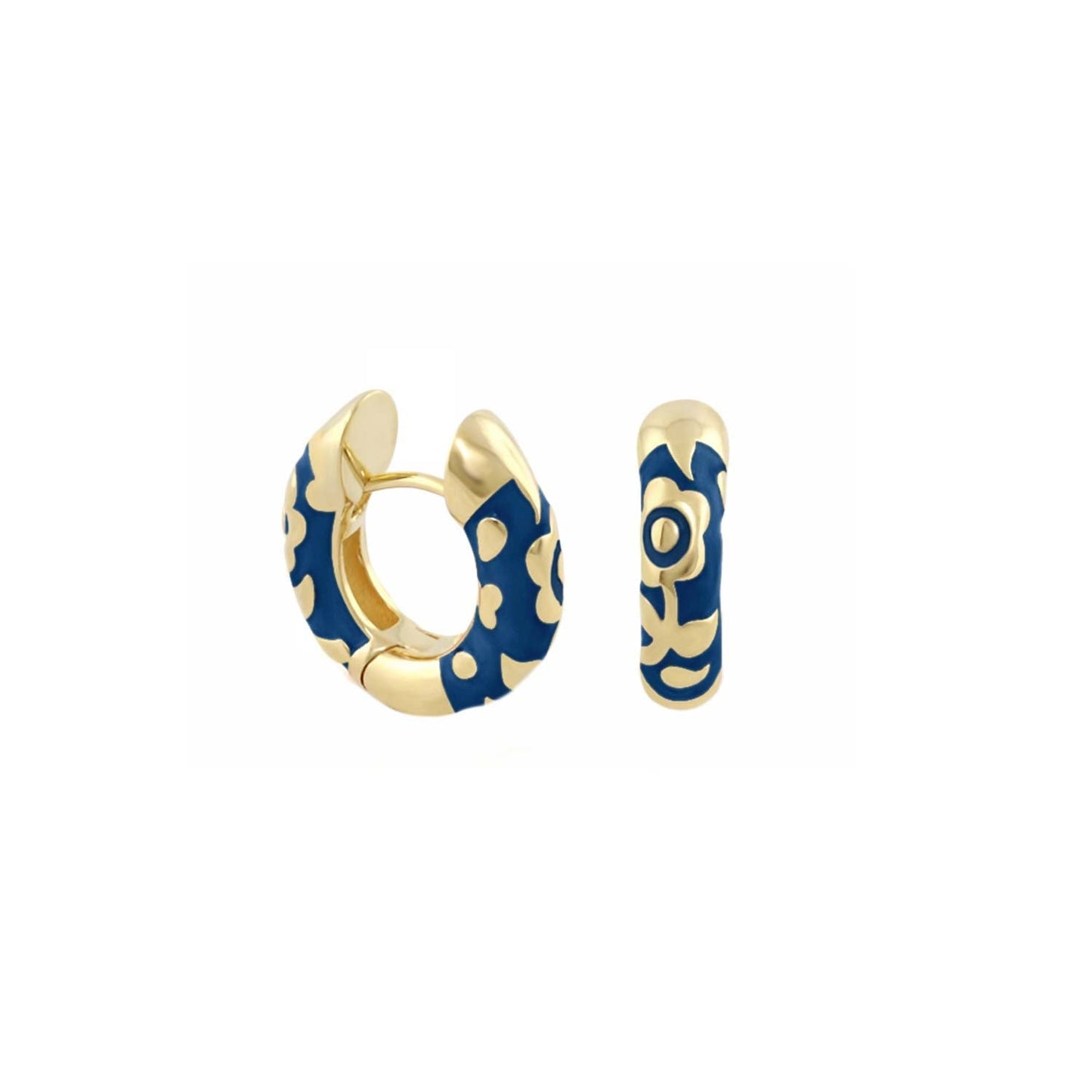 Flowers by Orly Contrast Flower Huggie earrings, gold hoops with blue enamel, 2-piece set on Tampa Home & Garden Store