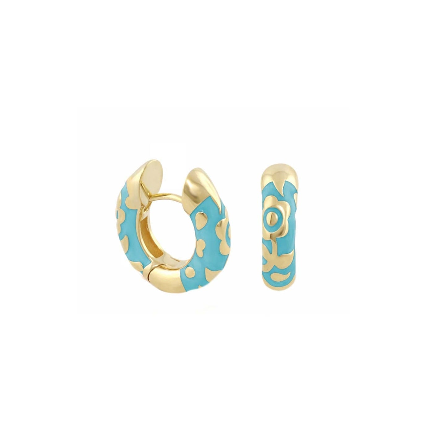 Flowers by Orly contrast flower huggie earrings in turquoise enamel with gold accents on Tampa Home & Garden Store