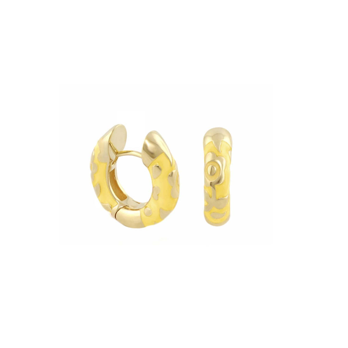 Flowers by Orly Earrings — Contrast Flower Huggie gold-tone hoops with yellow camo pattern by Lauren G Adams on Tampa Home & Garden Store