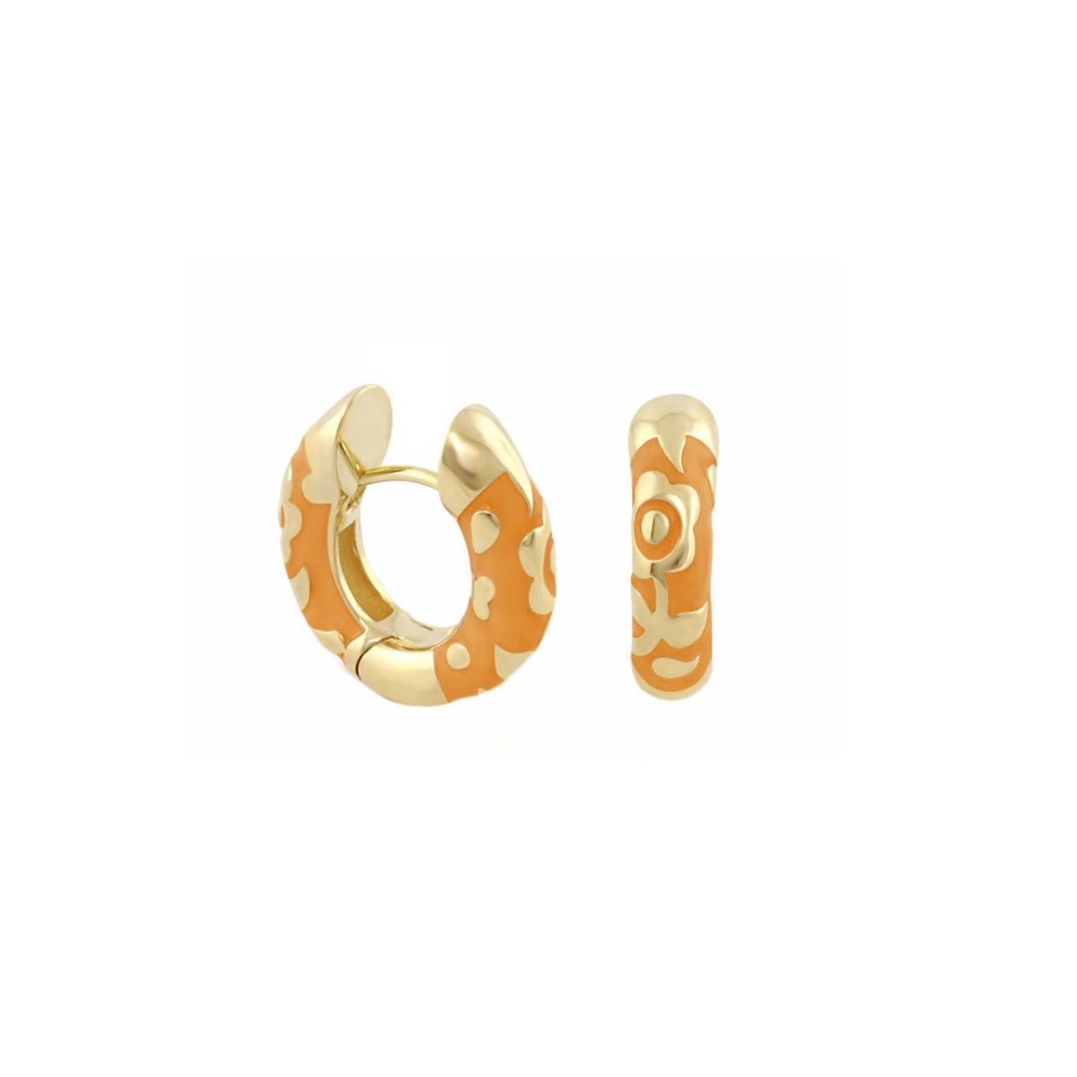 Flowers by Orly earrings pair with contrast flower huggie hoops in orange enamel with gold-tone metal on Tampa Home & Garden Store