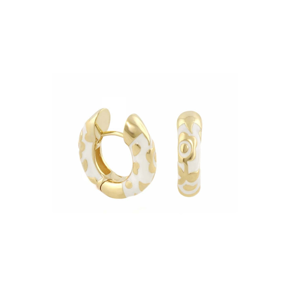 Earrings Flowers by Orly Contrast Flower Huggie, two-tone gold & white enamel hoops on Tampa Home & Garden Store