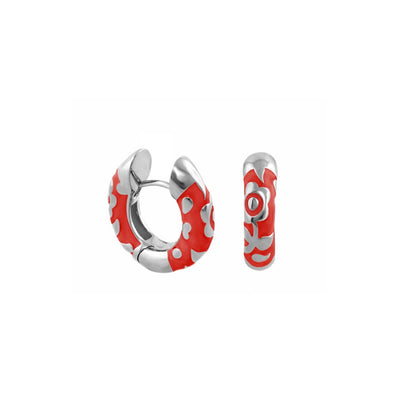 Flowers by Orly Huggie earrings red enamel with white floral pattern silver-tone hoops on Tampa Home & Garden Store