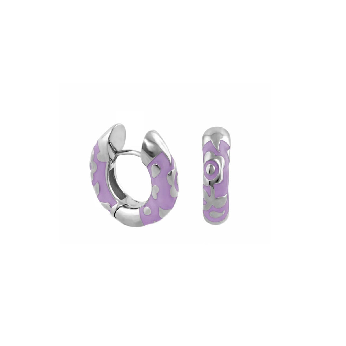 Flowers by Orly Contrast Flower Huggie earrings pair in lavender enamel with silver accents on Tampa Home & Garden Store