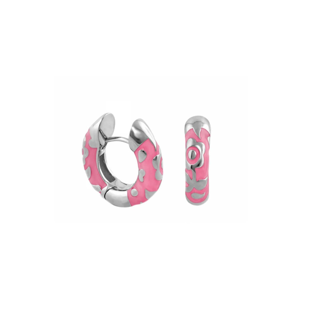 Flowers by Orly Contrast Flower Huggie earrings two-piece set in pink enamel with silver accents on Tampa Home & Garden Store