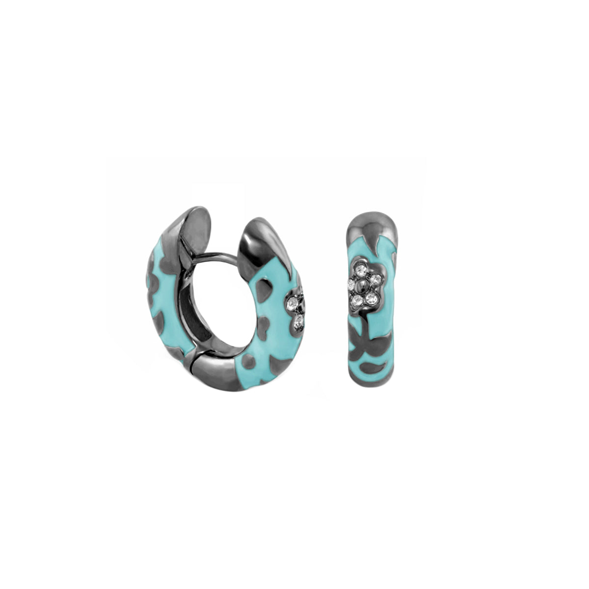 Pavé Flower Huggie earrings turquoise enamel on silver-tone hoops with crystal, 2-piece on Tampa Home & Garden Store