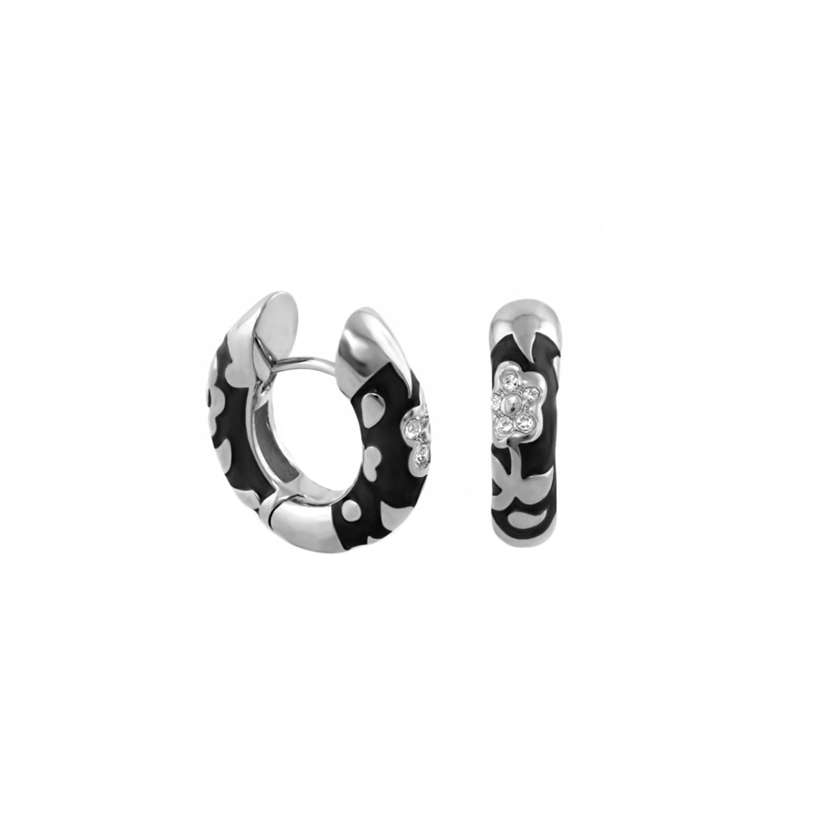 Pavé Flower Huggie earrings pair in black enamel with silver floral motifs and crystals on Tampa Home & Garden Store