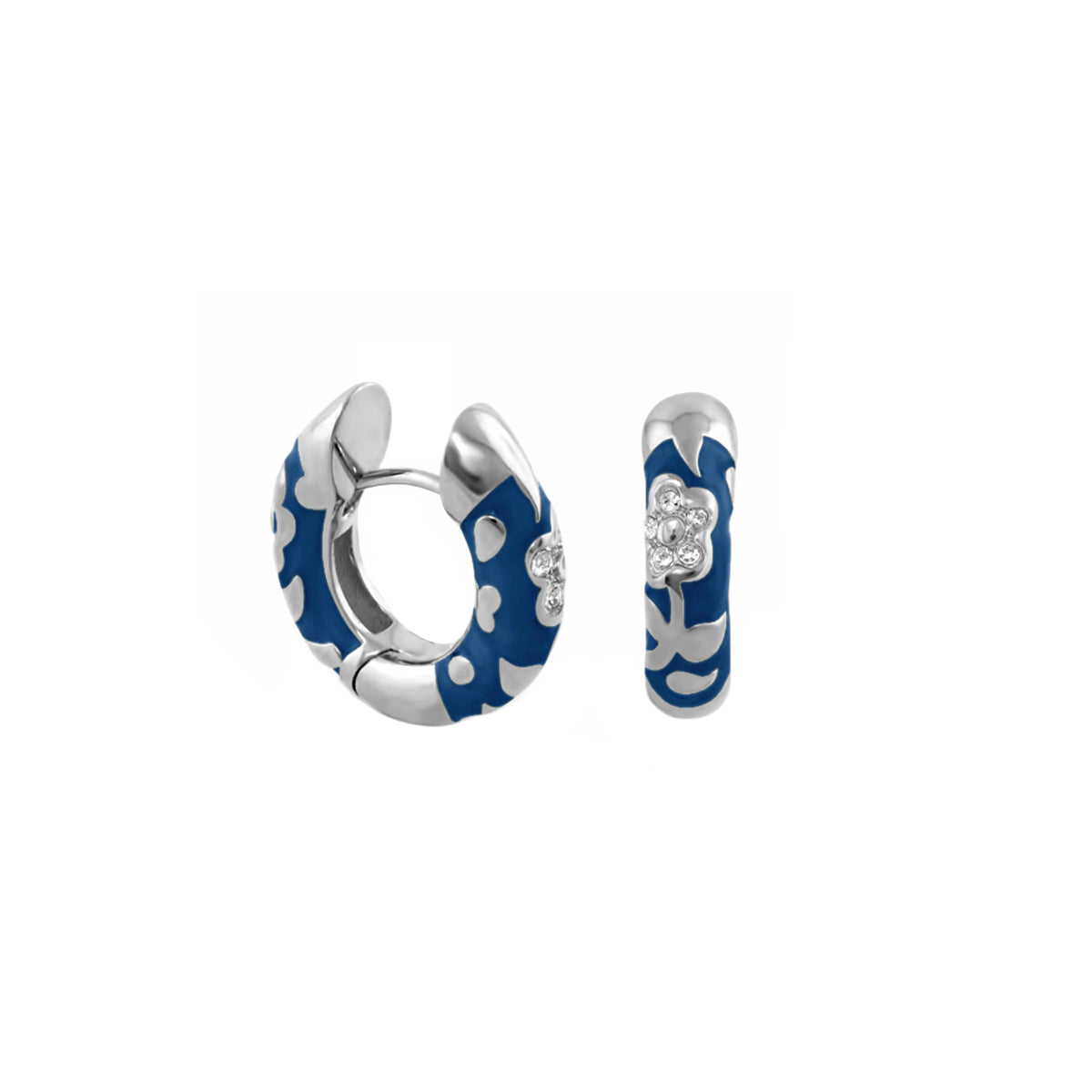 Pavé Flower Huggie earrings in blue enamel with white floral motif by Lauren G Adams on Tampa Home & Garden Store