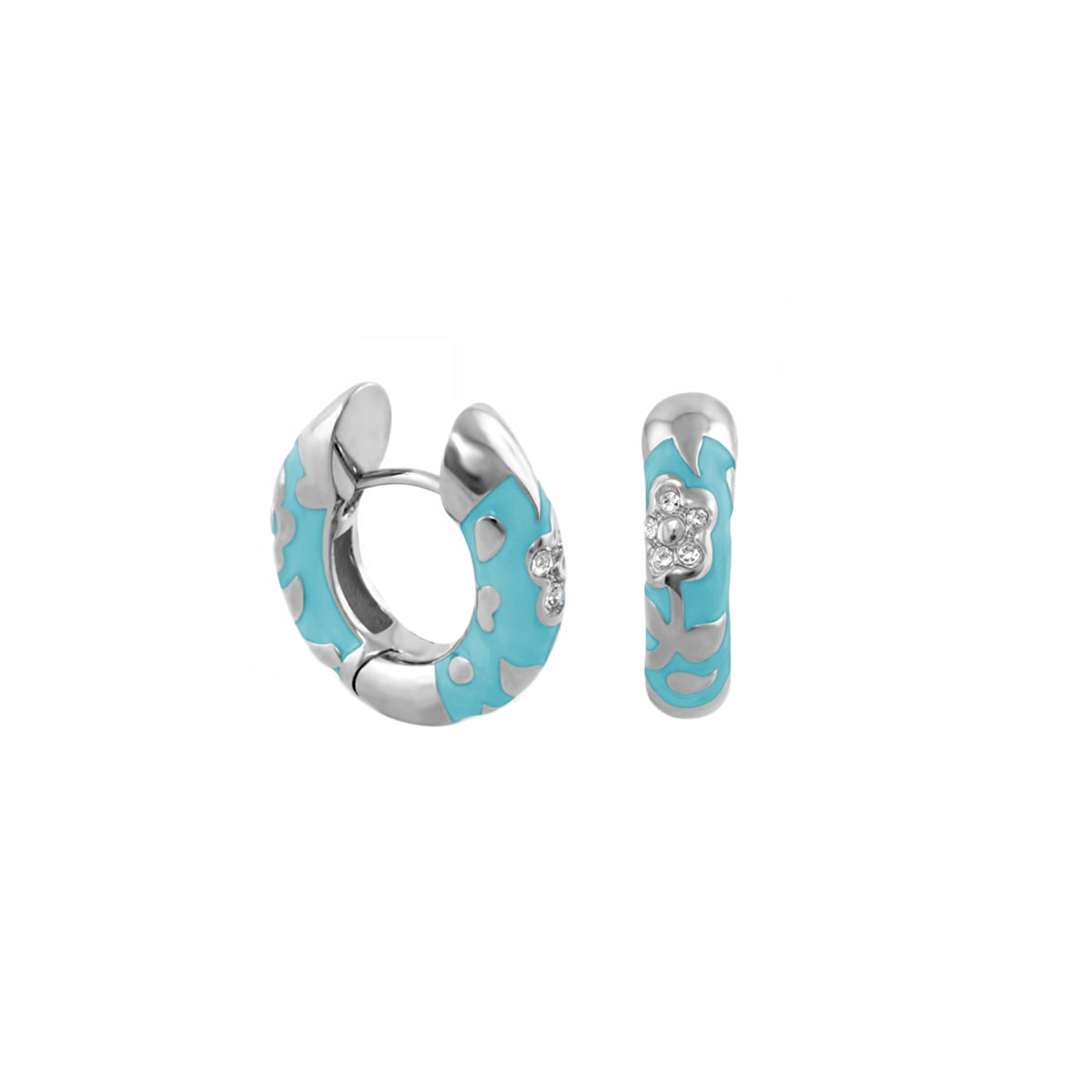 Pavé Flower Huggie earrings in turquoise enamel with crystal blossoms on silver hoop, 2 pcs on Tampa Home & Garden Store
