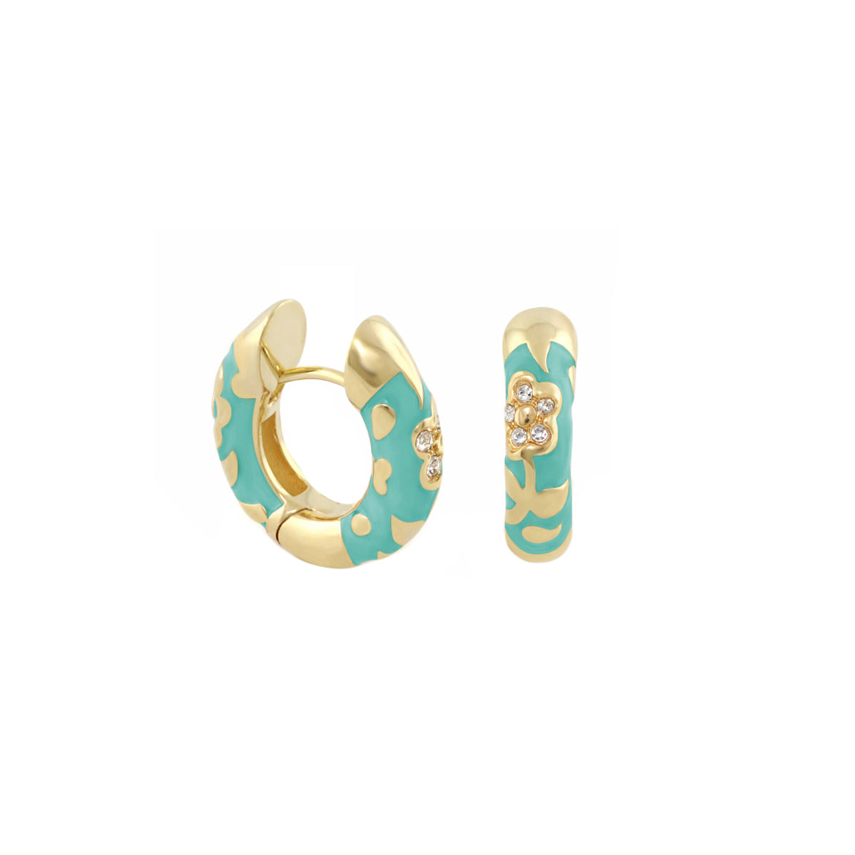 Flowers by Orly Pavé Flower Huggie earrings in turquoise enamel with gold-tone and crystal bloom on Tampa Home & Garden Store