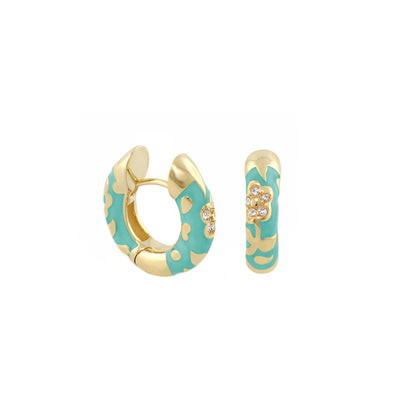 Flowers by Orly Pavé Flower Huggie earrings in turquoise enamel with gold-tone and crystal bloom on Tampa Home & Garden Store