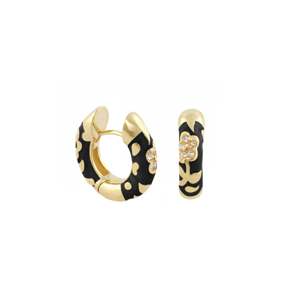 Gold-tone Pavé Flower Huggie earrings with black enamel leopard pattern and crystal bloom on Tampa Home & Garden Store