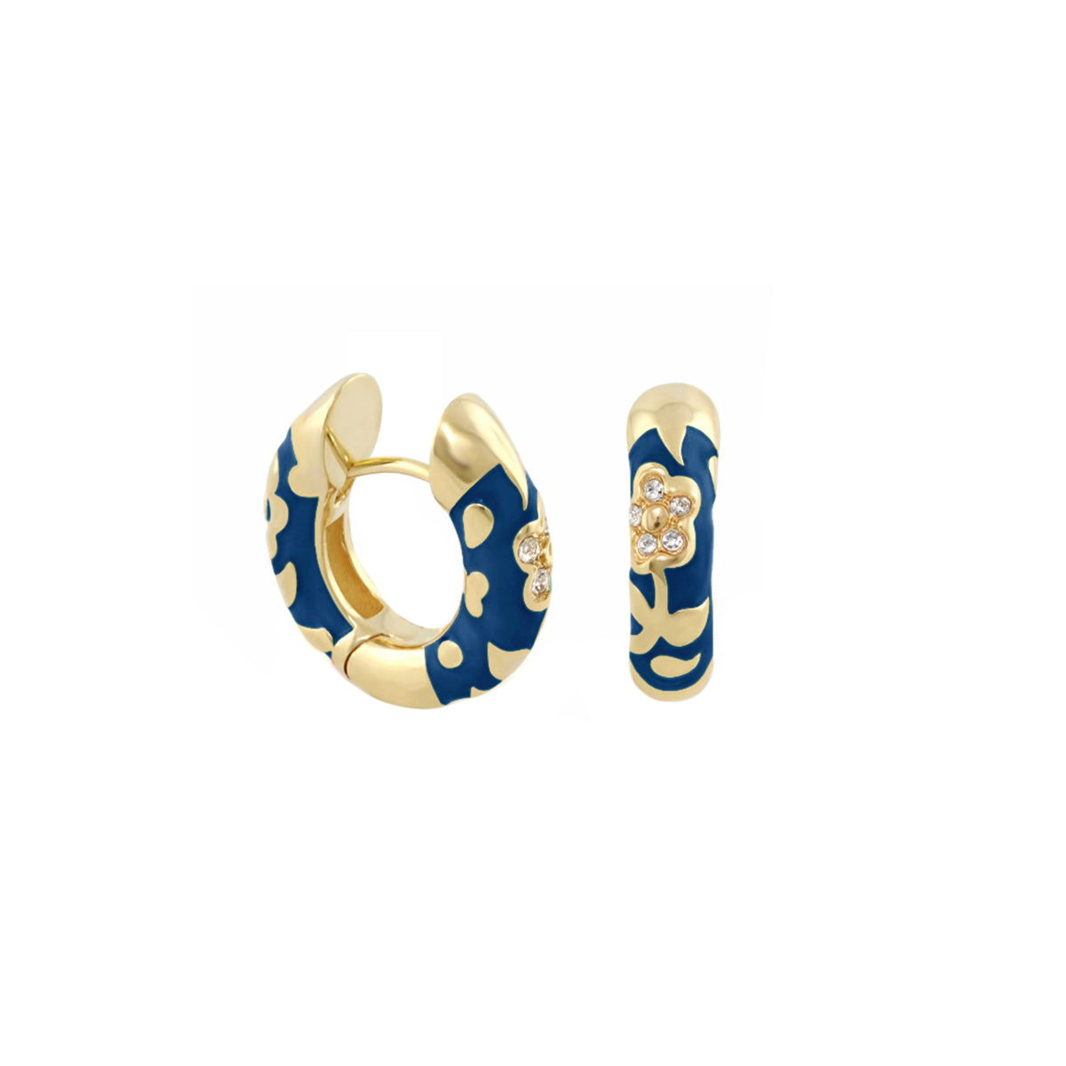 Flowers by Orly Pavé Flower Huggie earrings in blue enamel with gold-tone pavé blossoms, pair on Tampa Home & Garden Store