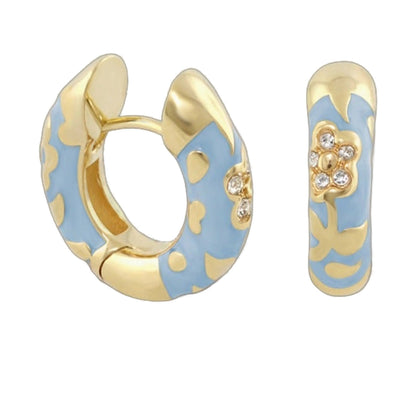 Pavé Flower Huggie earrings blue enamel with gold accents and crystal pavé on Tampa Home & Garden Store