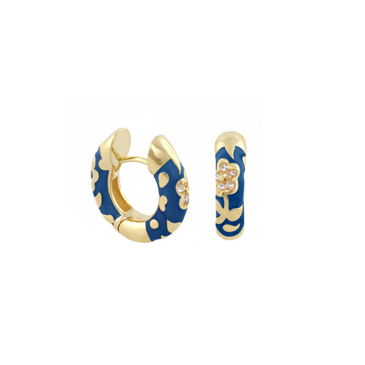 Pavé Flower Huggie earrings in blue enamel with gold setting and crystal accents on Tampa Home & Garden Store
