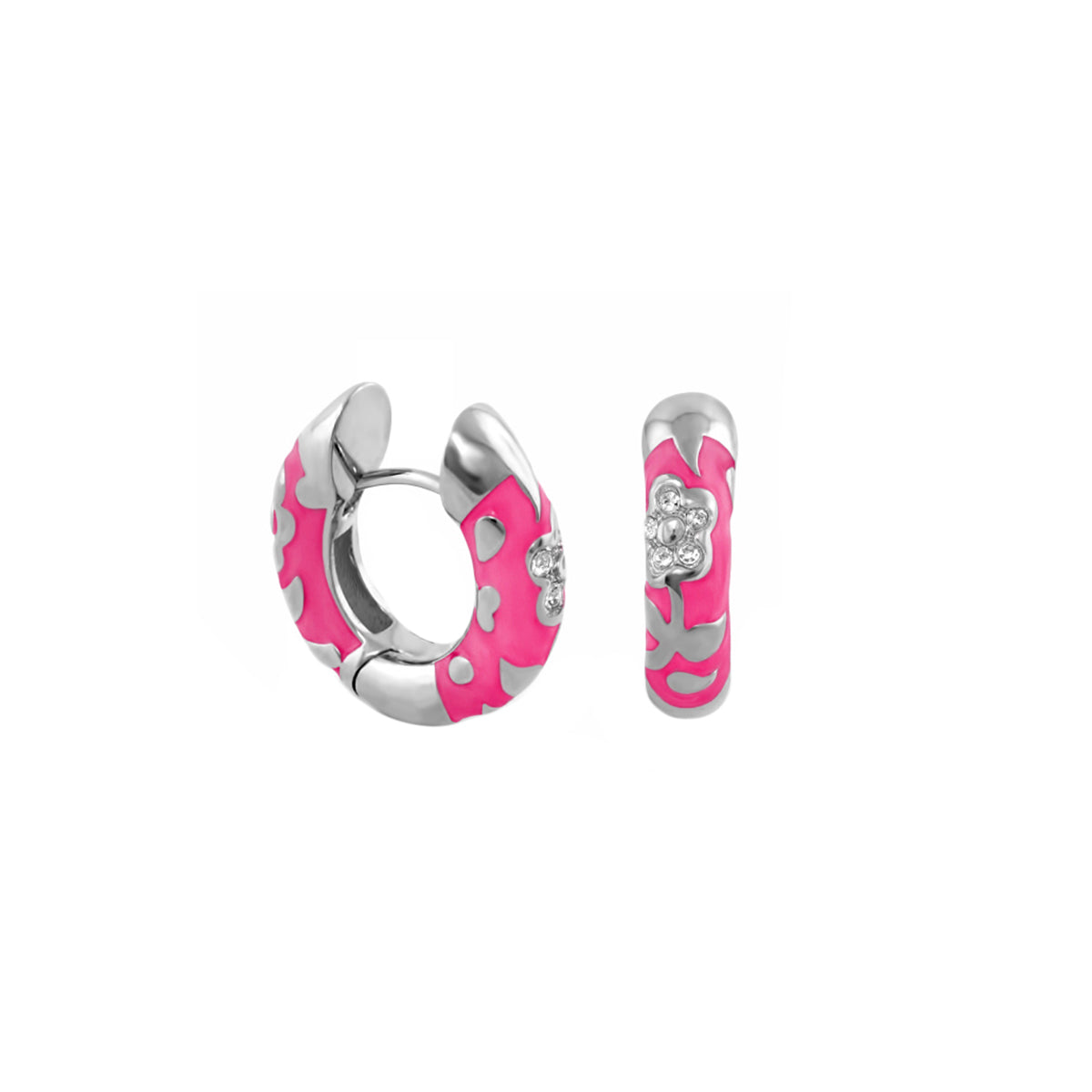 Pavé Flower Huggie earrings in pink enamel with silver-tone setting by Lauren G Adams, Flowers by Orly on Tampa Home & Garden Store