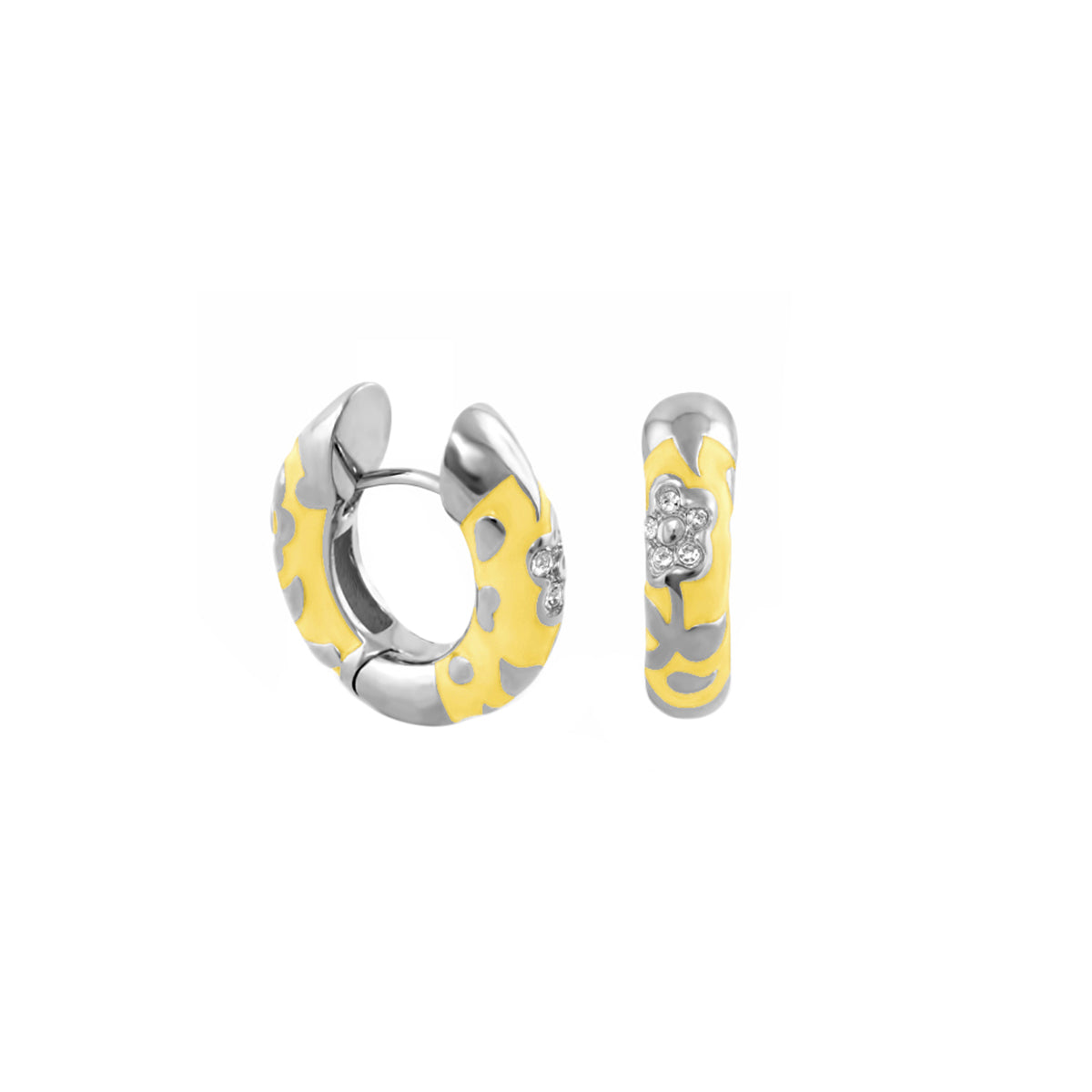 Flowers by Orly Pavé Flower Huggie earrings, two-tone yellow enamel with pavé flower accent on Tampa Home & Garden Store
