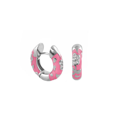 Pavé Flower Huggie earrings in pink enamel with silver floral accents and crystal embellishments on Tampa Home & Garden Store