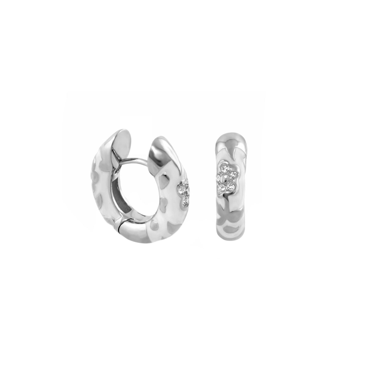Lauren G Adams Pavé Flower Huggie earrings in silver with pavé flower accents, hoop pair on Tampa Home & Garden Store