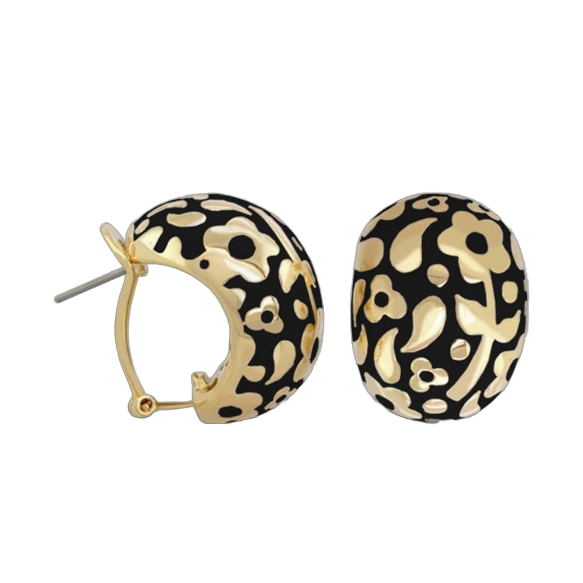Flowers by Orly Dome Earrings leopard print black tan domed hoops with gold-tone trim pair on Tampa Home & Garden Store