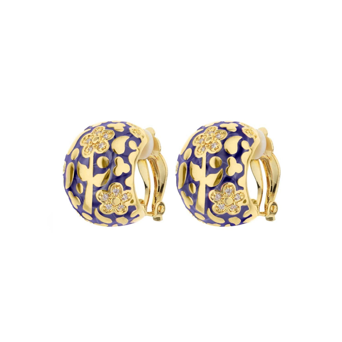 Flowers by Orly Dome Earrings pair in purple enamel with gold floral filigree crystals on Tampa Home & Garden Store