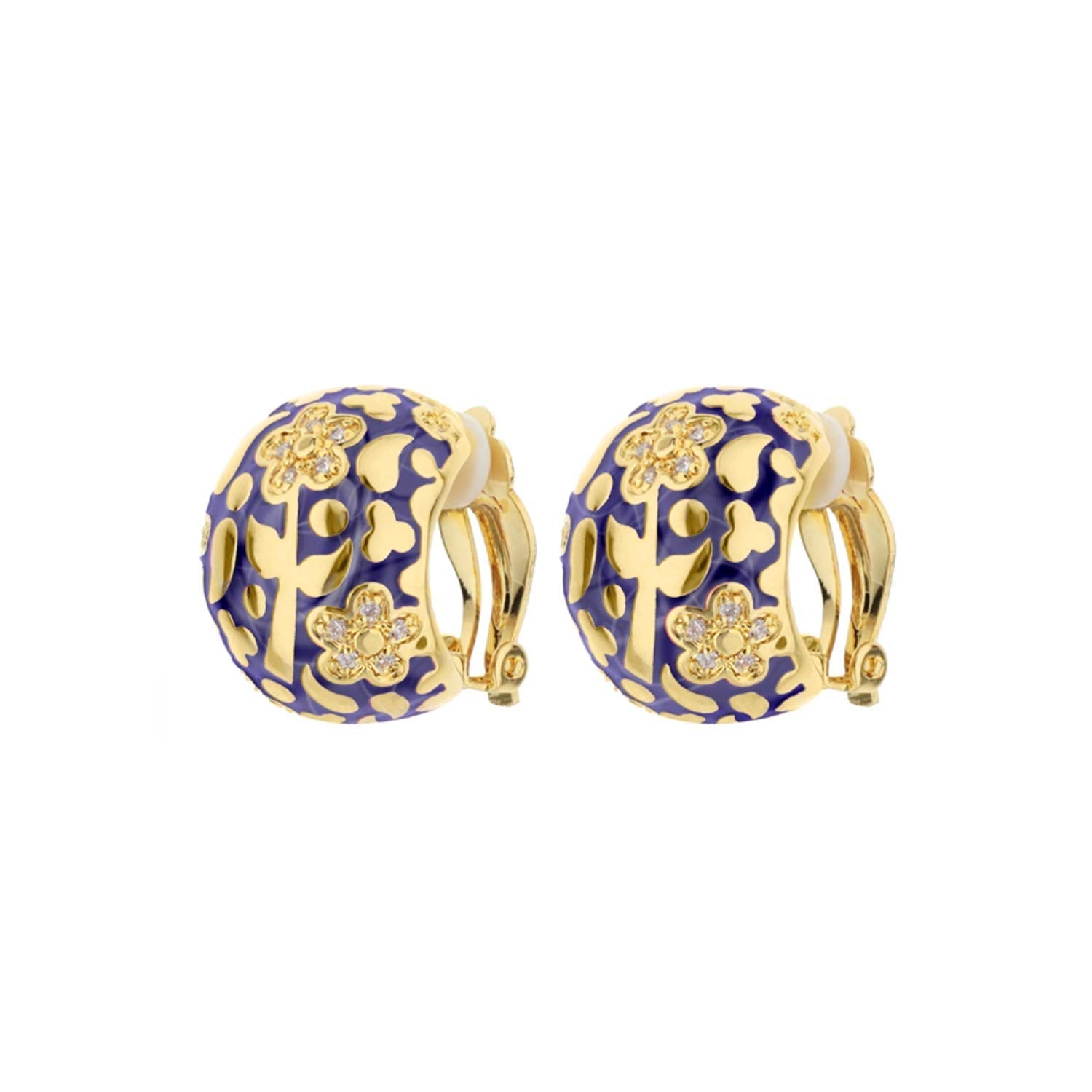 Flowers by Orly Dome Earrings pair in purple enamel with gold floral filigree crystals on Tampa Home & Garden Store