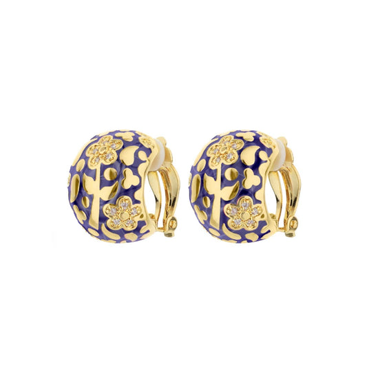 Flowers by Orly Dome Earrings pair in purple enamel with gold floral filigree crystals on Tampa Home & Garden Store
