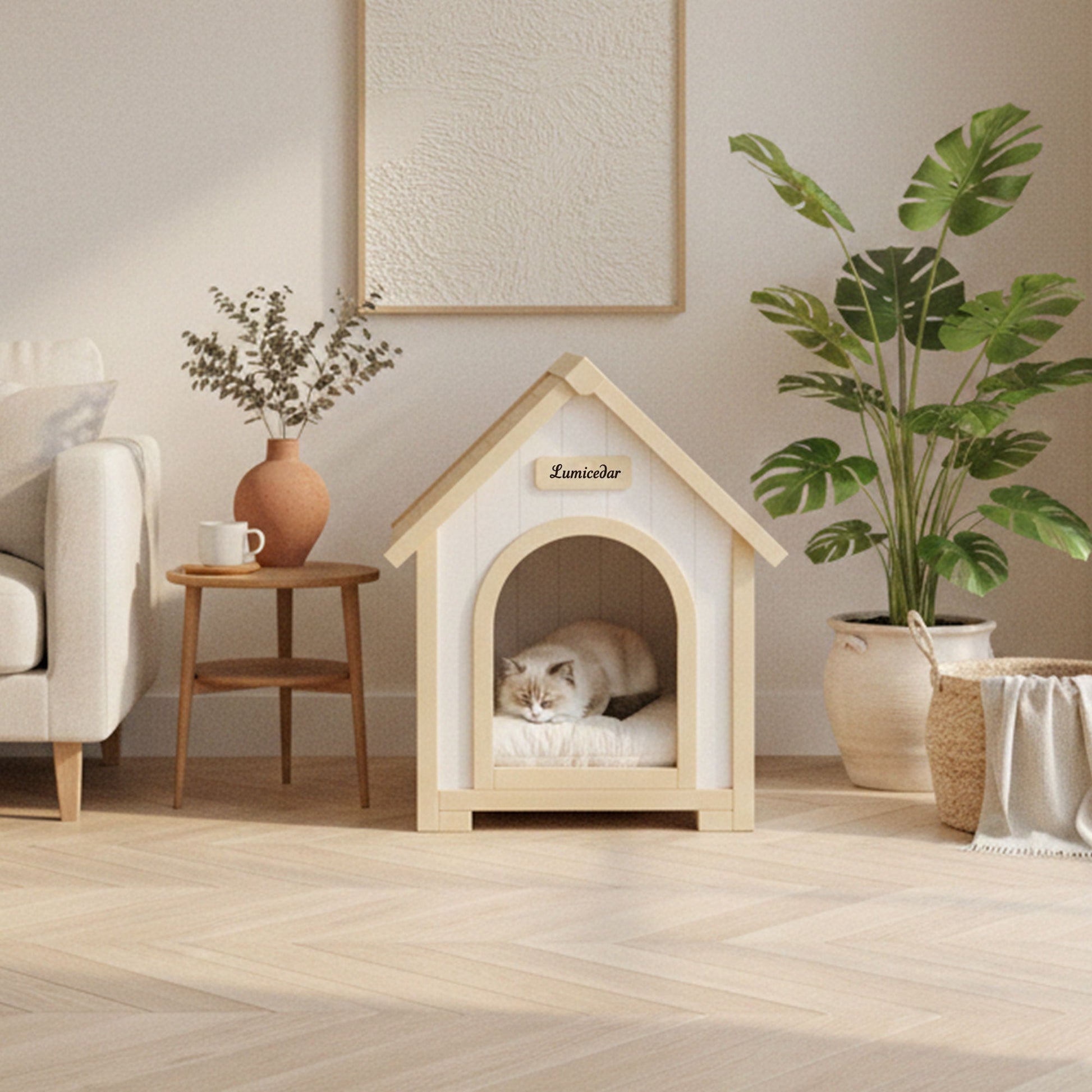 Indoor dog house with cushion by HouseOfZazla creamy white and light yellow for small pets on Tampa Home & Garden Store