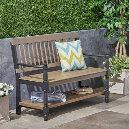 Slatted bench with built-in shelf in wood tones and black frame HouseOfZazla on Tampa Home & Garden Store