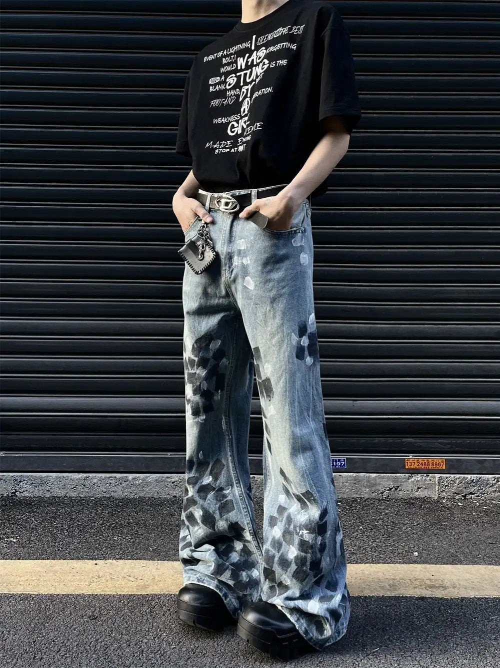 Slightly Flared Wide Leg Jeans light-wash denim with paint-splatter, men's loose trousers on Tampa Home & Garden Store