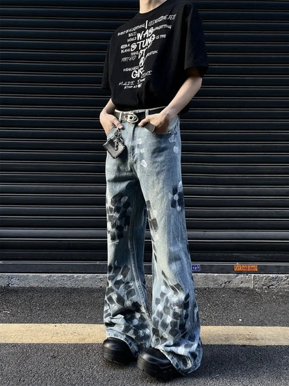 Slightly Flared Wide Leg Jeans light-wash denim with paint-splatter, men's loose trousers on Tampa Home & Garden Store