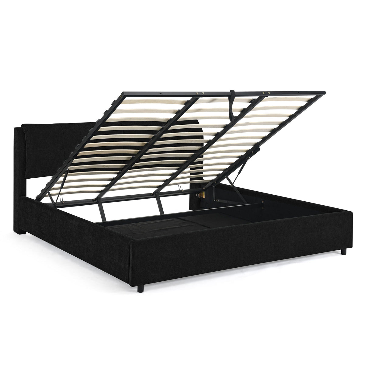 Black upholstered storage bed with hydraulic lift and headboard opens to storage on Tampa Home & Garden Store