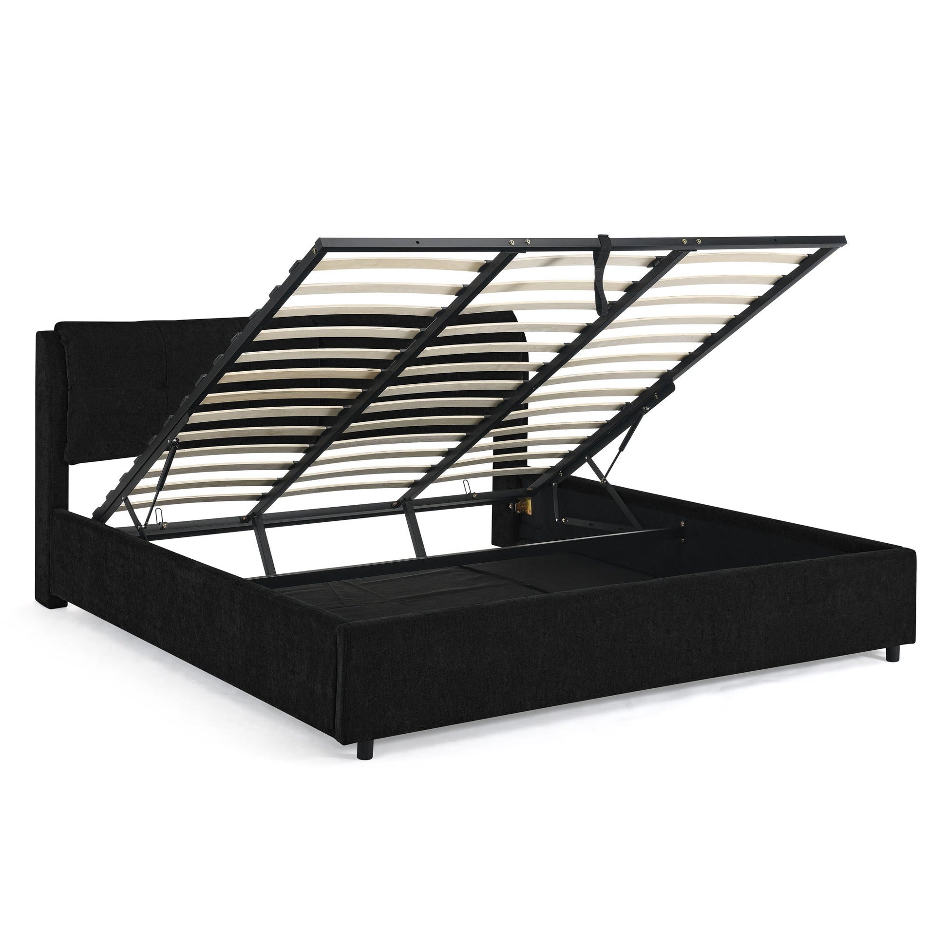 Black upholstered storage bed with hydraulic lift and headboard opens to storage on Tampa Home & Garden Store