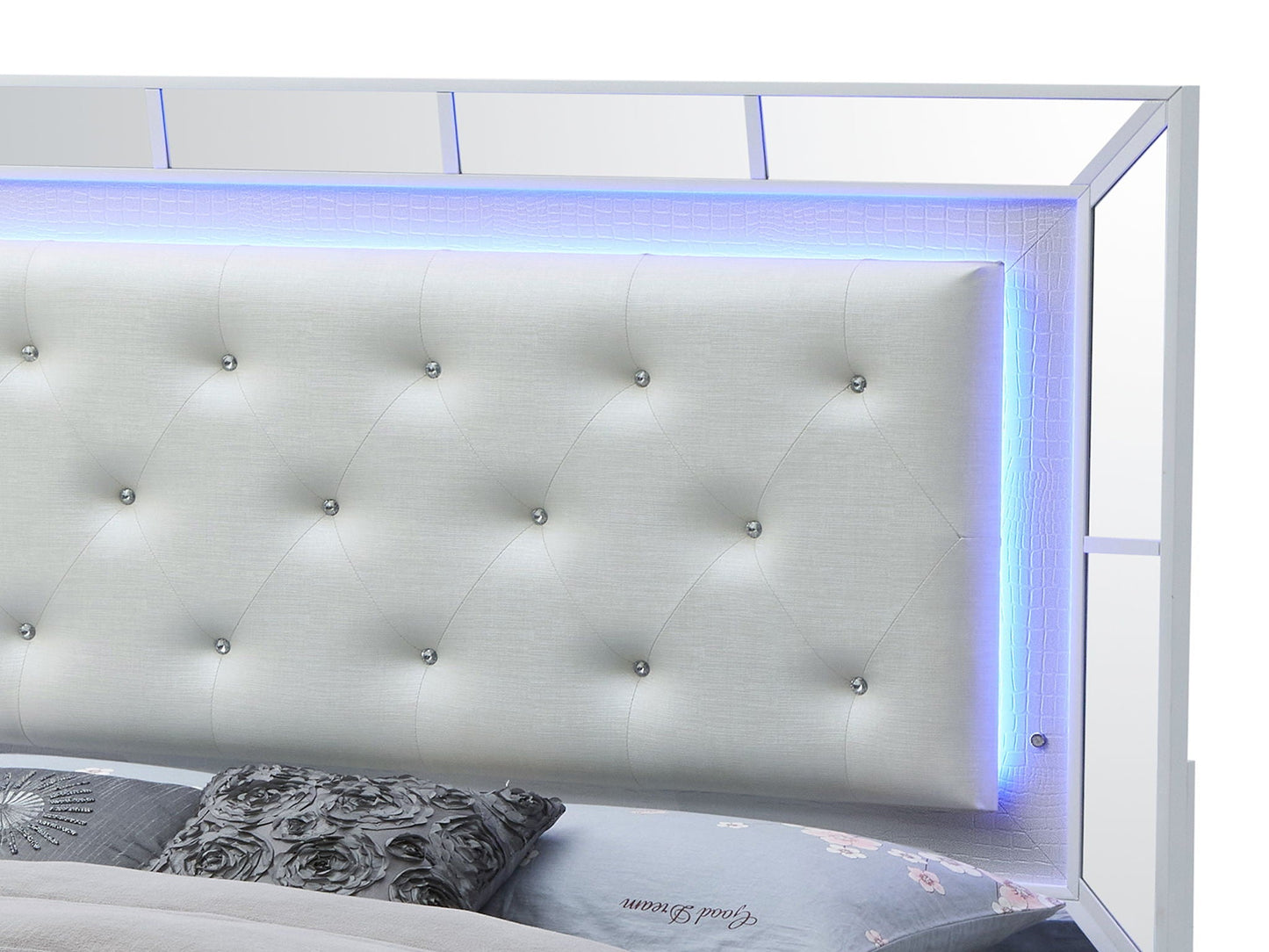 Elegant Modern Contemporary Bed panel with tufted white headboard, mirrored frame, blue LED glow on Tampa Home & Garden Store