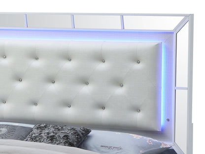 Elegant Modern Contemporary Bed panel with tufted white headboard, mirrored frame, blue LED glow on Tampa Home & Garden Store