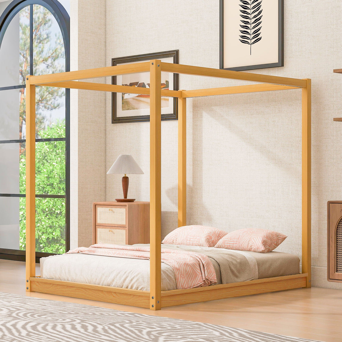 Natural wood canopy platform bed frame with airflow slats and sturdy support legs on Tampa Home & Garden Store