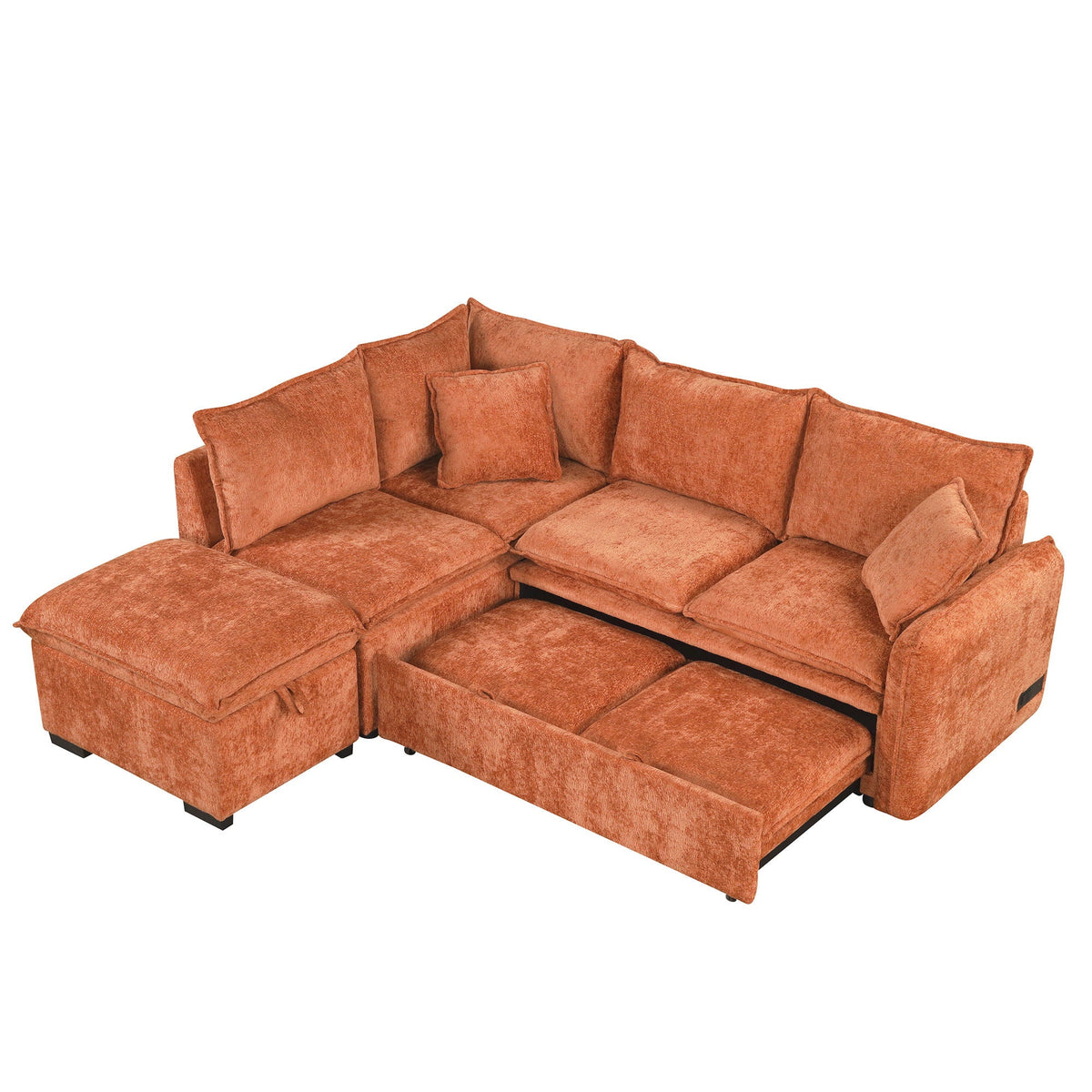 Convertible sleeper sectional sofa in orange with storage ottoman and two pillows on Tampa Home & Garden Store