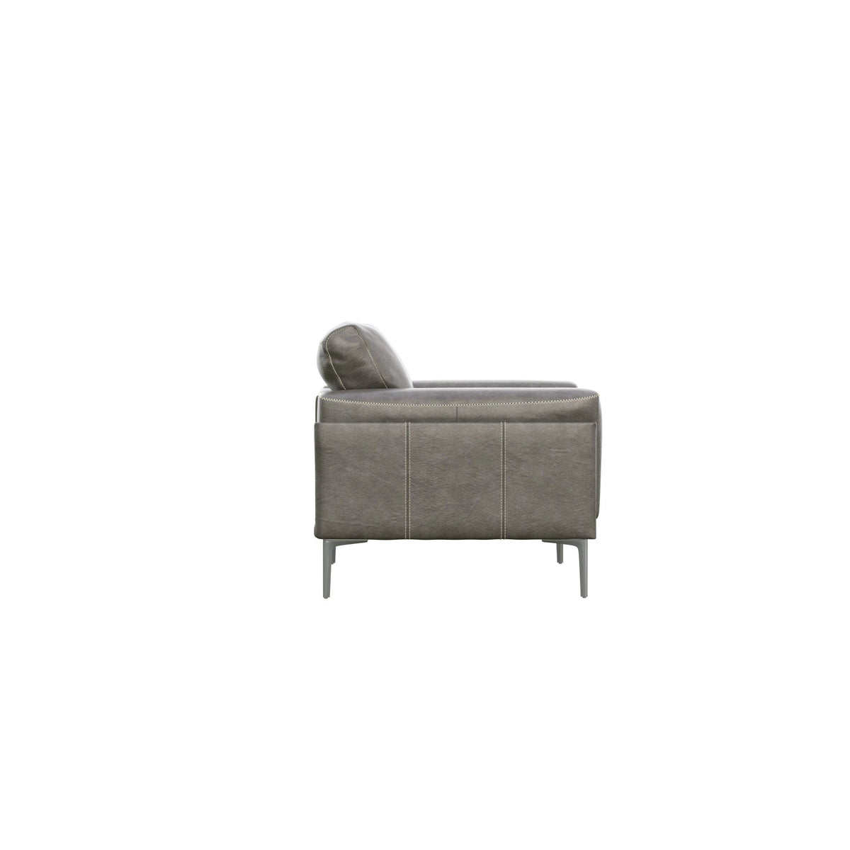 Dark gray fabric arm chair with relaxed seating, back and arms, stitching, metal legs on Tampa Home & Garden Store