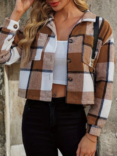 Stevvex cropped brown plaid jacket with collared neck and button front, Coats & Jackets on Tampa Home & Garden Store