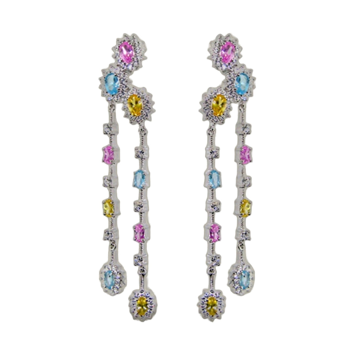 Long Bridal Earrings by Lauren G Adams, silver with pink blue yellow gems and crystal halos on Tampa Home & Garden Store