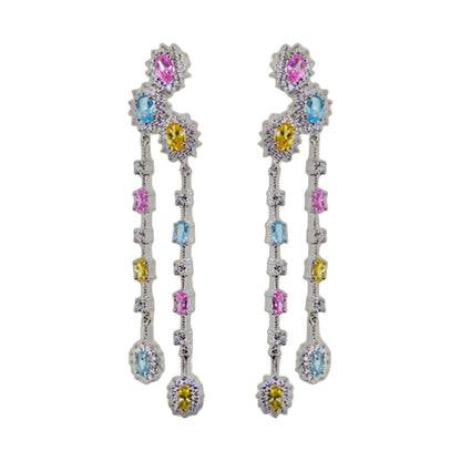 Long Bridal Earrings by Lauren G Adams, silver with pink blue yellow gems and crystal halos on Tampa Home & Garden Store